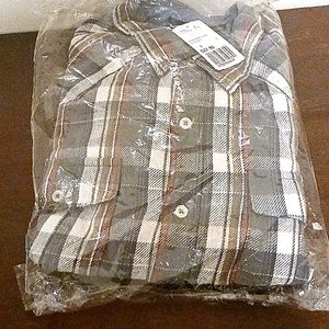 A Gray white red black stripe collar shirt with a little bite of brown in it